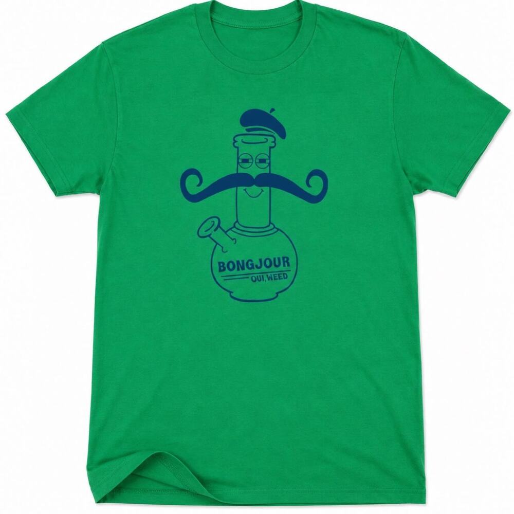 Bonjour Bong Weed Graphic Tee Green Stoner Y2K Cannabis T-Shirt
